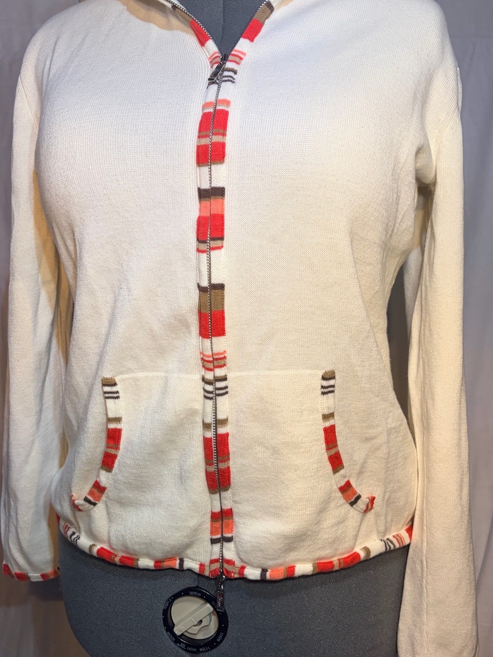 Neve Cream Zip-Up Hoodie Cardigan with Red Accent Trim